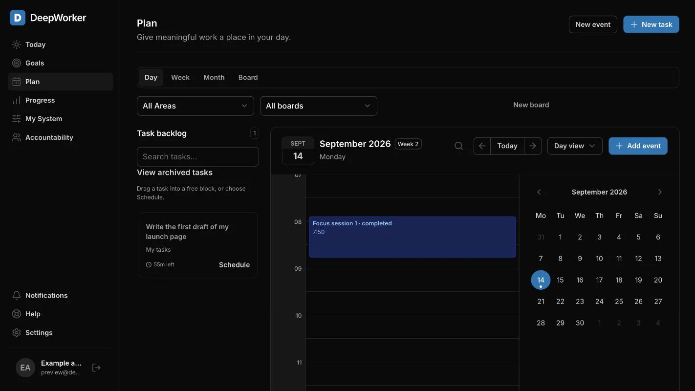 DeepWorker planning calendar in dark mode