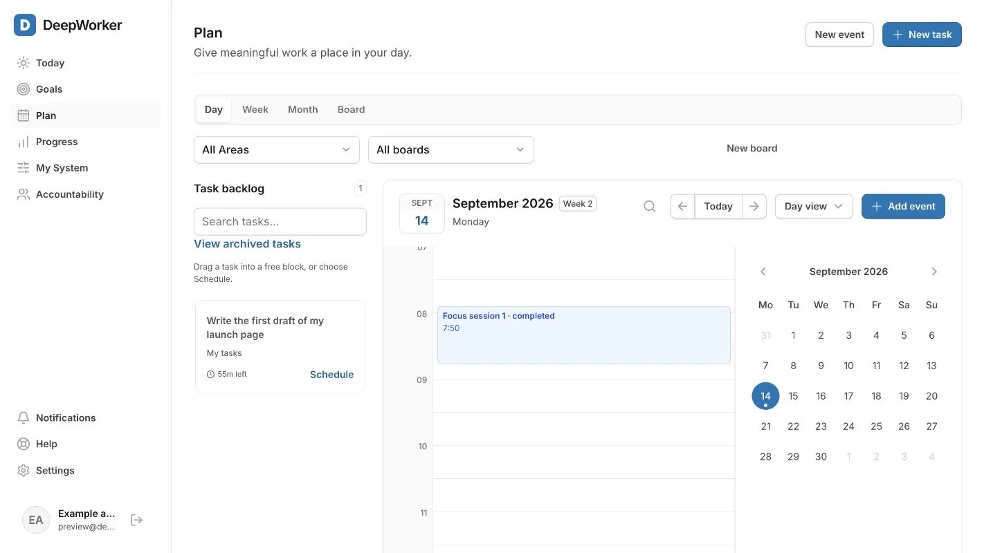 A task allocated to available focus time in the DeepWorker calendar