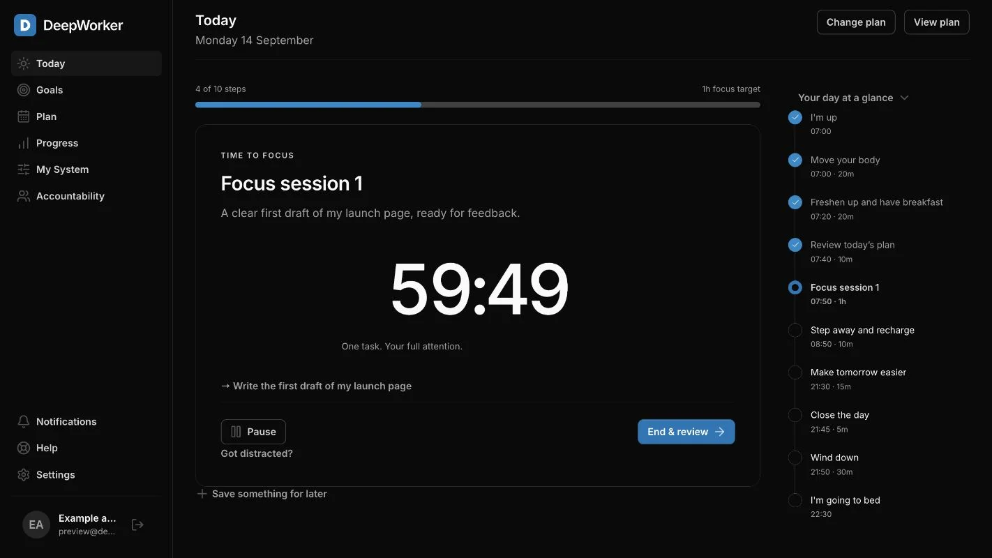 The same guided focus session in dark mode